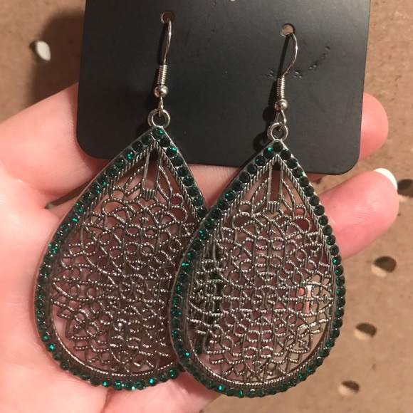 Silver teardrop filigree with green rhinestones